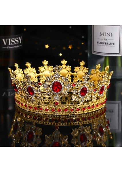 Gümüş Rengi Yeni Tasarım Büyük Yuvarlak Tiaras ve Taçlar Altın Kırmızı Kristal Diadem Kraliçe Prenses Kral Gelin Düğün Saç Aksesuarları Başlığı (Yurt Dışından) modelleri