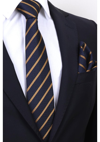 Hand Made 7.5 cm Gold Sarı & Lacivert Çizgili Desen Mendilli Kravat