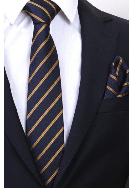 Hand Made 7.5 cm Gold Sarı & Lacivert Çizgili Desen Mendilli Kravat fiyatları