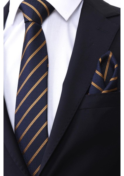 Hand Made 7.5 cm Gold Sarı & Lacivert Çizgili Desen Mendilli Kravat modelleri