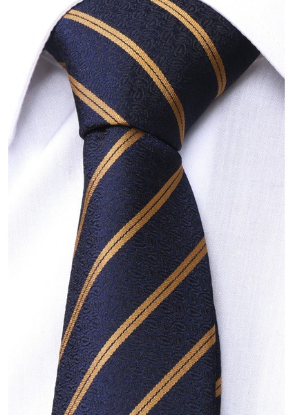Hand Made 7.5 cm Gold Sarı & Lacivert Çizgili Desen Mendilli Kravat fırsatları