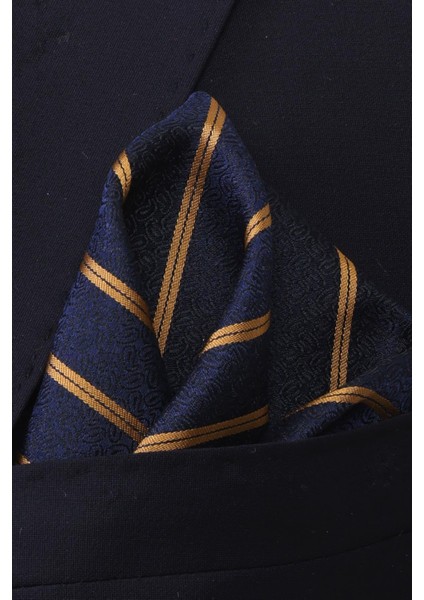 Hand Made 7.5 cm Gold Sarı & Lacivert Çizgili Desen Mendilli Kravat indirimleri