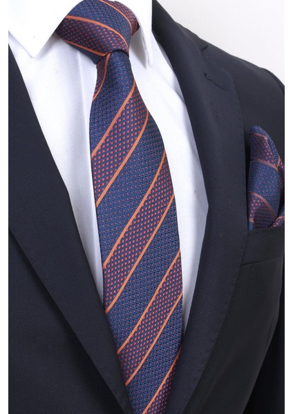 Hand Made 7.5 cm Bakır Lacivert Çizgili Mendilli Kravat