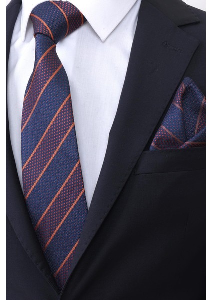 Hand Made 7.5 cm Bakır Lacivert Çizgili Mendilli Kravat fiyatları