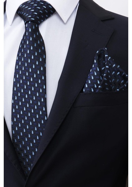 Hand Made 7.5 cm Damla Desen Mavi Siyah Mendilli Kravat fiyatları