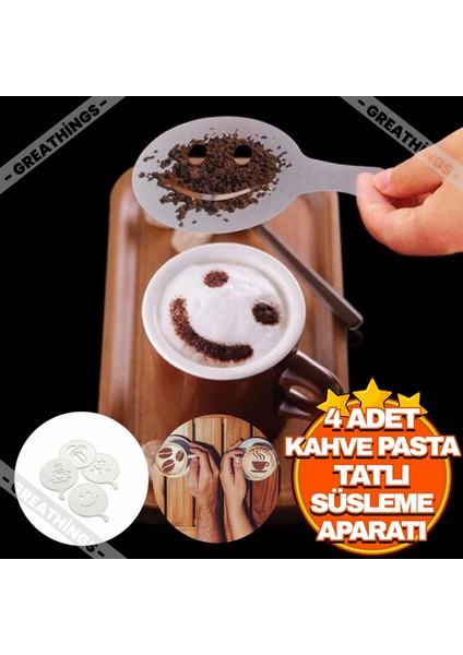 4 Adet Pasta Süsleme Aparatı | Kahve, Pasta Şekillendirici Latte Cappuccino Barista Süsleme Şablonu