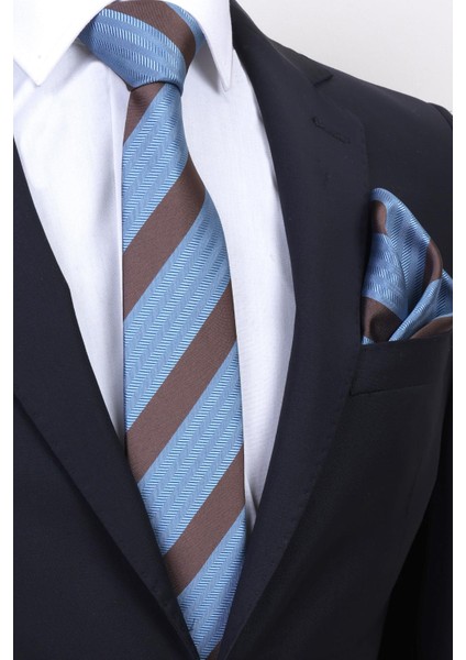 Hand Made 7.5 cm Mavi Kahverengi Çizgili Mendilli Kravat