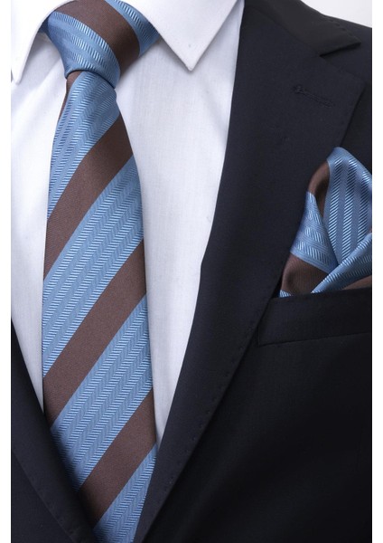 Hand Made 7.5 cm Mavi Kahverengi Çizgili Mendilli Kravat fiyatları