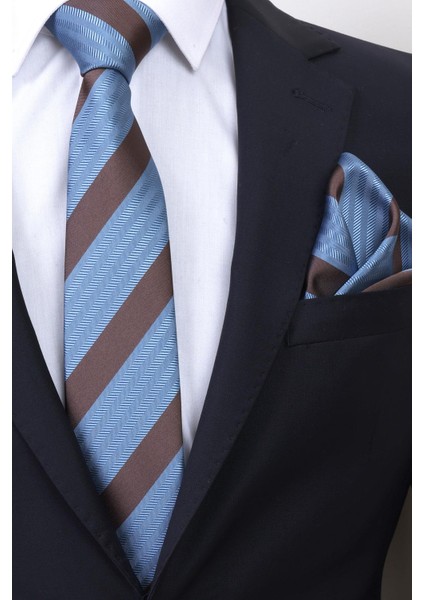 Hand Made 7.5 cm Mavi Kahverengi Çizgili Mendilli Kravat modelleri