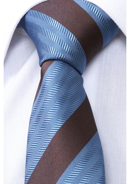 Hand Made 7.5 cm Mavi Kahverengi Çizgili Mendilli Kravat fırsatları