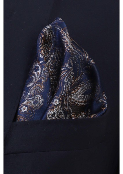 Hand Made 7.5 cm Bej Lacivert Damla Desen Mendilli Kravat