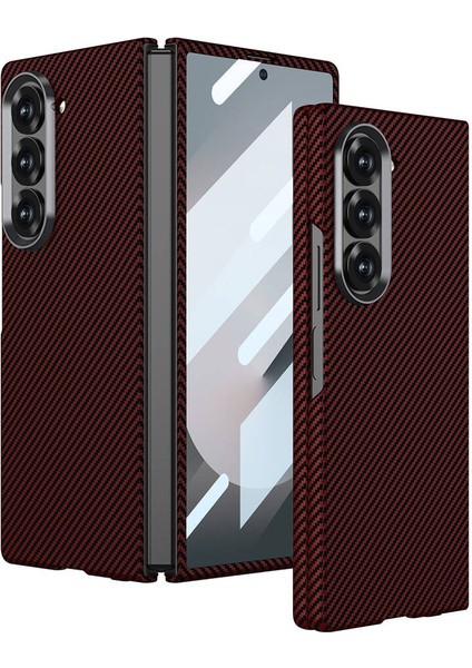 Galaxy Z Fold 6 Kılıf Kamera Korumalı Karbon Fiber Tasarımlı Arka Yüzey Zore Kıpta Karbon Kapak-Kırm