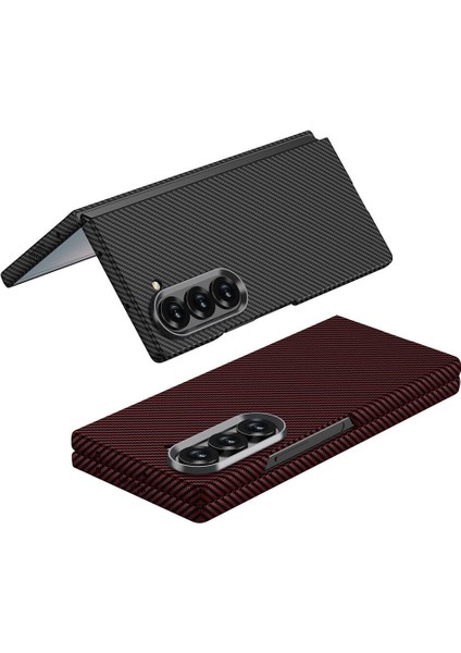 Galaxy Z Fold 6 Kılıf Kamera Korumalı Karbon Fiber Tasarımlı Arka Yüzey Zore Kıpta Karbon Kapak-Kırm