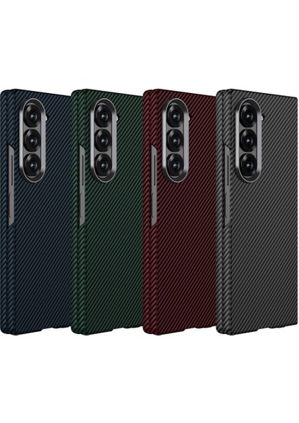 Galaxy Z Fold 6 Kılıf Kamera Korumalı Karbon Fiber Tasarımlı Arka Yüzey Zore Kıpta Karbon Kapak-Kırm