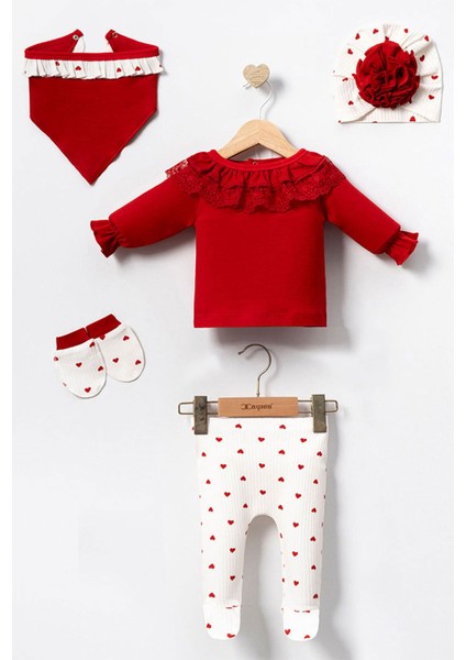 Yaka Güpür Detaylı Kalpli Kız Bebe 5 li set - Kırmızı
