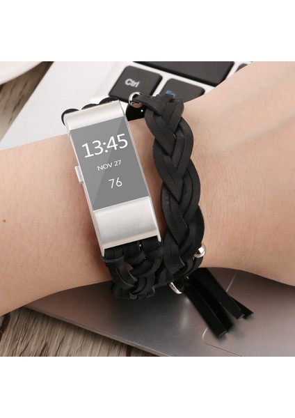 For Fit Charge 2 Örgü Deri Kordonlu Saat Siyah (Yurt Dışından)