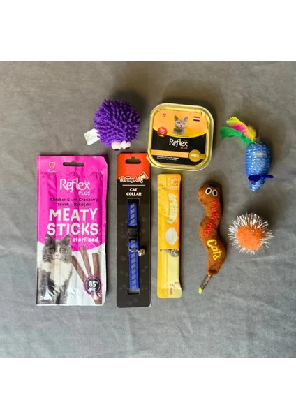 Reflektörlü Tasma + Simli ve Peluş Top + Fare ve Catnipli Oyuncak + Mama + Puding + Ödül Çubuğu Kedi Seti