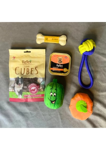 Peluş Oyuncak X2 + Çekiştirme Ipi + Yaş Mama + Küp Mama + Sütlü Kemik Orta ve Büyük Irk Köpek Seti modelleri