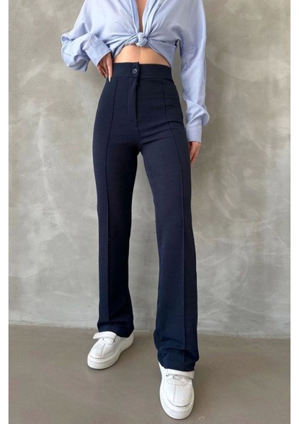 Kadın Lacivert Krep Kumaş Likralı Ön Çimalı Ispanyol Paça Palazzo Pantolon