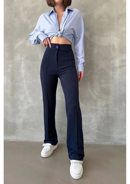 Kadın Lacivert Krep Kumaş Likralı Ön Çimalı Ispanyol Paça Palazzo Pantolon modelleri