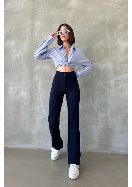 Kadın Lacivert Krep Kumaş Likralı Ön Çimalı Ispanyol Paça Palazzo Pantolon indirimleri