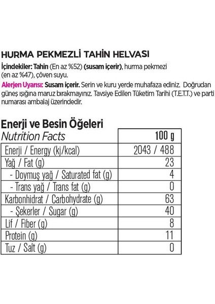 Hurma Pekmezli Tahin Helvası, Şekersiz Helva , Glutensiz, Vegan 175 gr