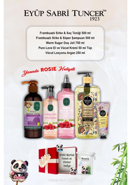 Pure Love Krem, Warm Sugar Duş Jeli, Argan Losyon, Frambuazlı Tonik ve Şampuan ve Rosie
