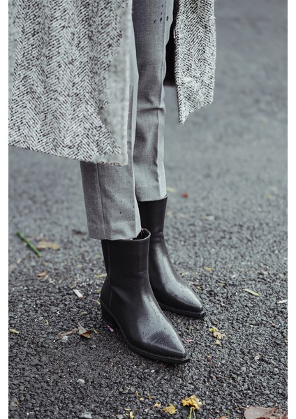 Kadın Sivri Burun Kovboy Kalın Topuk Western Bot Tahis Siyah