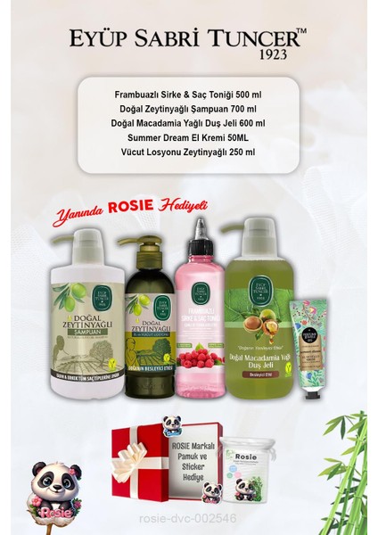Macadamia Duş Jeli, Summer Dream Krem, Zeytinyağlı Şampuan ve Losyon, Frambuaz Tonik ve Rosie