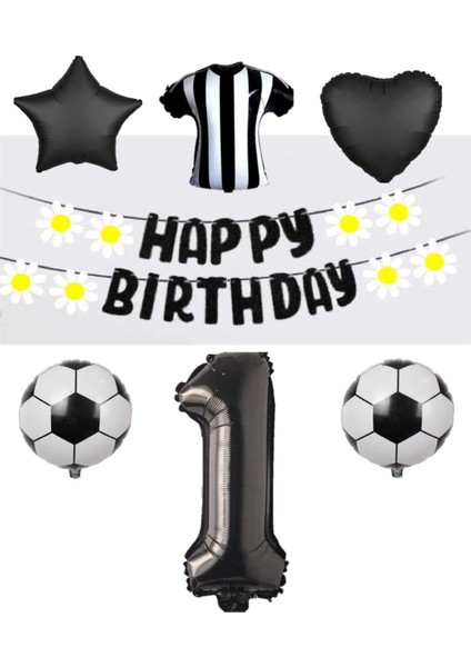 Siyah Beyaz Taraftar Folyo Balon ve Eva Banner Seti Yaş 1