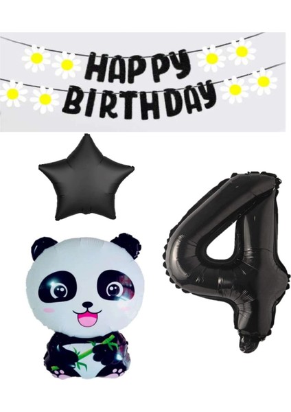 Siyah Banner Yıldız Rakam Panda Doğum Günü Parti Seti Yaş 4
