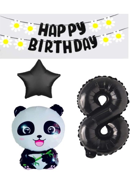 Siyah Banner Yıldız Rakam Panda Doğum Günü Parti Seti Yaş 8