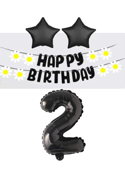 Best Siyah Rakam Yıldız Folyo Balon Happy Bırthday Beyaz Papatya Eva Banner Seti Yaş 2