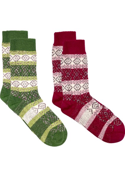 Organik Yün 2'li Kışlık Kilim Desenli Kalın Soket Çorap Pembe-Fuşya / Yeşil-Olive fiyatları