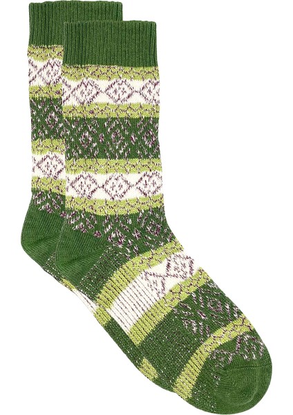 Organik Yün 2'li Kışlık Kilim Desenli Kalın Soket Çorap Pembe-Fuşya / Yeşil-Olive fırsatları