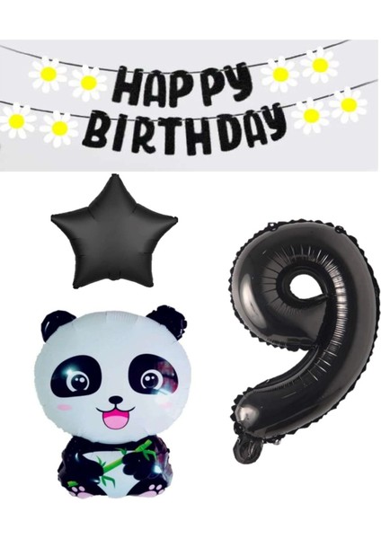 Rönesans Siyah Banner Yıldız Rakam Panda Doğum Günü Parti Seti Yaş 9