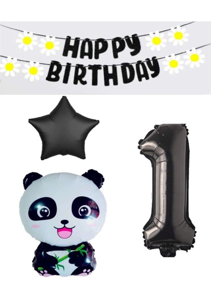Rönesans Siyah Banner Yıldız Rakam Panda Doğum Günü Parti Seti Yaş 1