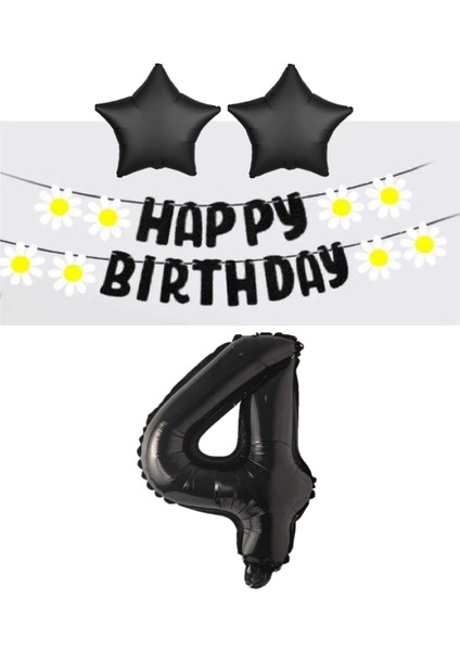 Rönesans Siyah Rakam Yıldız Folyo Balon Happy Bırthday Beyaz Papatya Eva Banner Seti Yaş 4