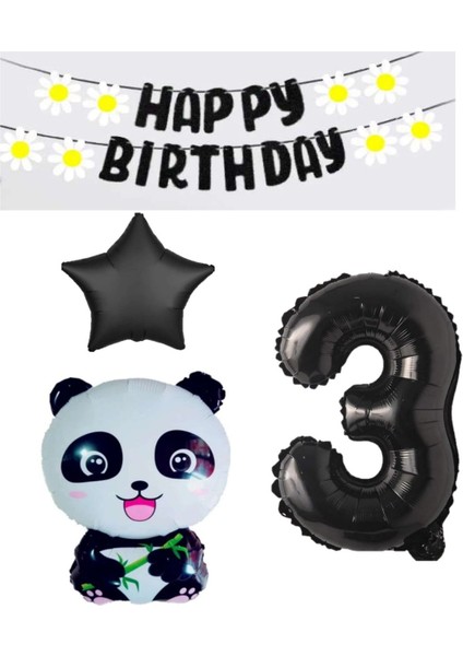 Rönesans Siyah Banner Yıldız Rakam Panda Doğum Günü Parti Seti Yaş 3