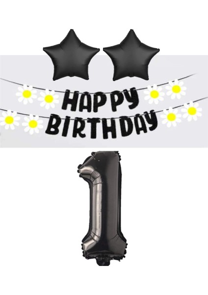 Rönesans Siyah Rakam Yıldız Folyo Balon Happy Bırthday Beyaz Papatya Eva Banner Seti Yaş 1