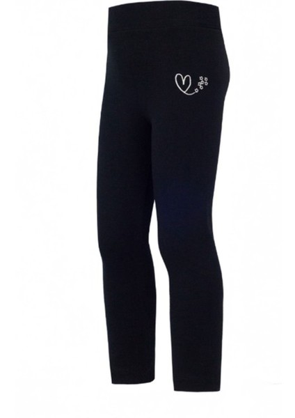 Kalp Işleme Detaylı Kız Çocuk tayt - Siyah