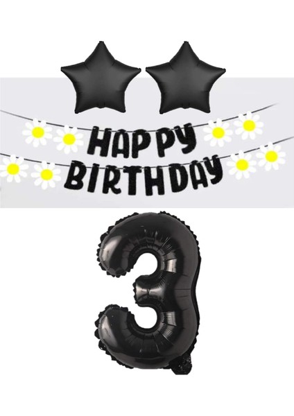 Rönesans Siyah Rakam Yıldız Folyo Balon Happy Bırthday Beyaz Papatya Eva Banner Seti Yaş 3