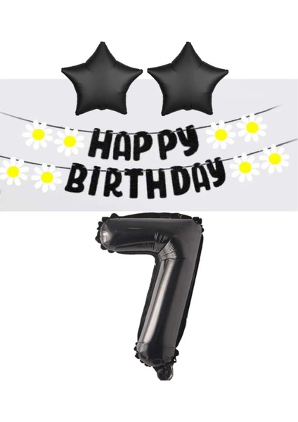 Rönesans Siyah Rakam Yıldız Folyo Balon Happy Bırthday Beyaz Papatya Eva Banner Seti Yaş 7