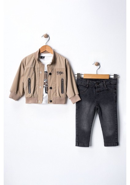 Fermuar Cepli Kolej Montlu 3 Lü Erkek çocuk takım - Bej