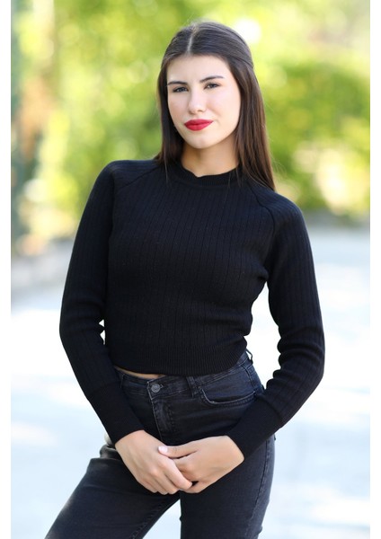 Kadın Siyah Fitilli Crop Triko Kazak Kısa Model Akrilik Kumaş Ribanalı - 3122
