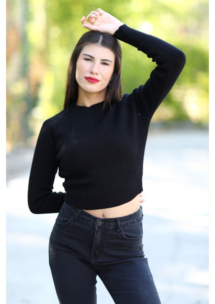Kadın Siyah Fitilli Crop Triko Kazak Kısa Model Akrilik Kumaş Ribanalı - 3122 fırsatları