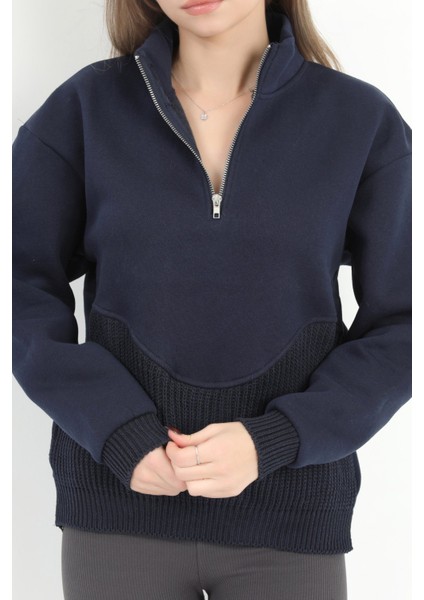 Kadın Lacivert Dik Yaka Triko Detaylı Yarım Fermuarlı Sweatshirt - 5087