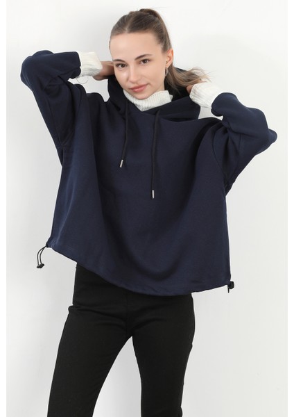 Kadın Stoperli Triko Detaylı Kapüşonlu Sweatshirt Lacivert - 5086