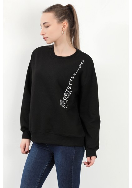 Kadın Bisiklet Yaka Sportstyl Baskılı Pamuklu Sweatshirt Siyah - 2578