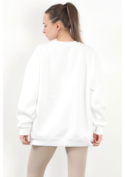 Kadın Bisiklet Yaka Oversize Pamuklu Sweatshirt Beyaz - 9008